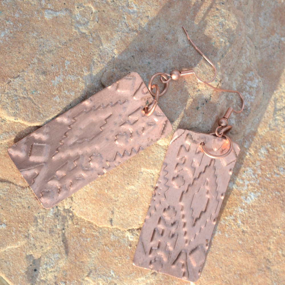 Solid Copper Earrings Boho Tribal Handmade Embossed Southwestern Western Aztec - Picture 4 of 6